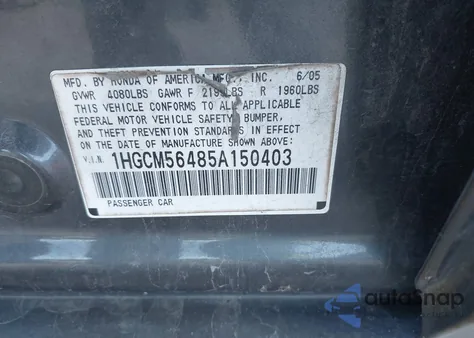 2005 Honda Accord 2.4 Lx из США, поврежденный, VIN 1HGCM56485A150403